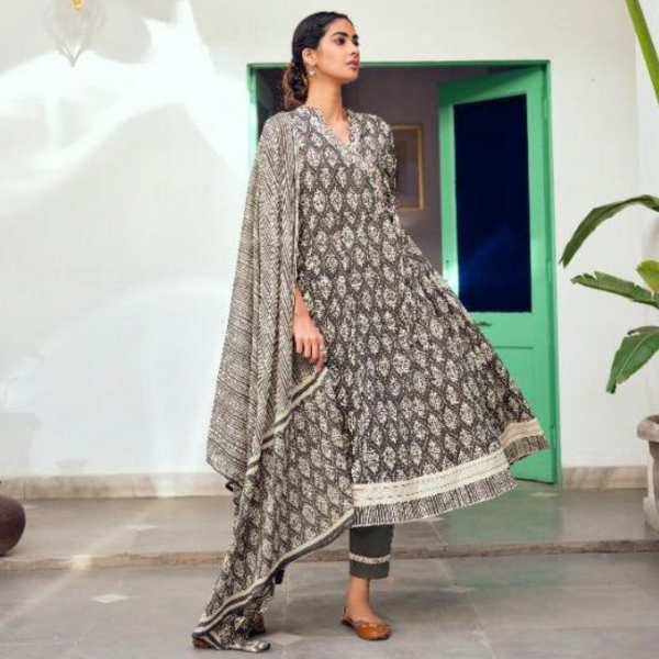 Olive gray anarkali suit